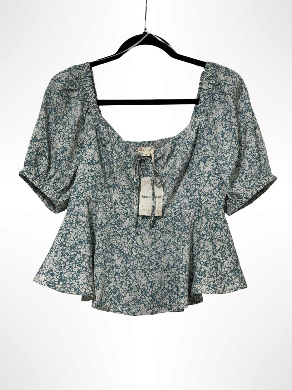 HEM & THREAD Ditsy Floral Peplum Blouse with Puff Sleeves Teal Cream NWT